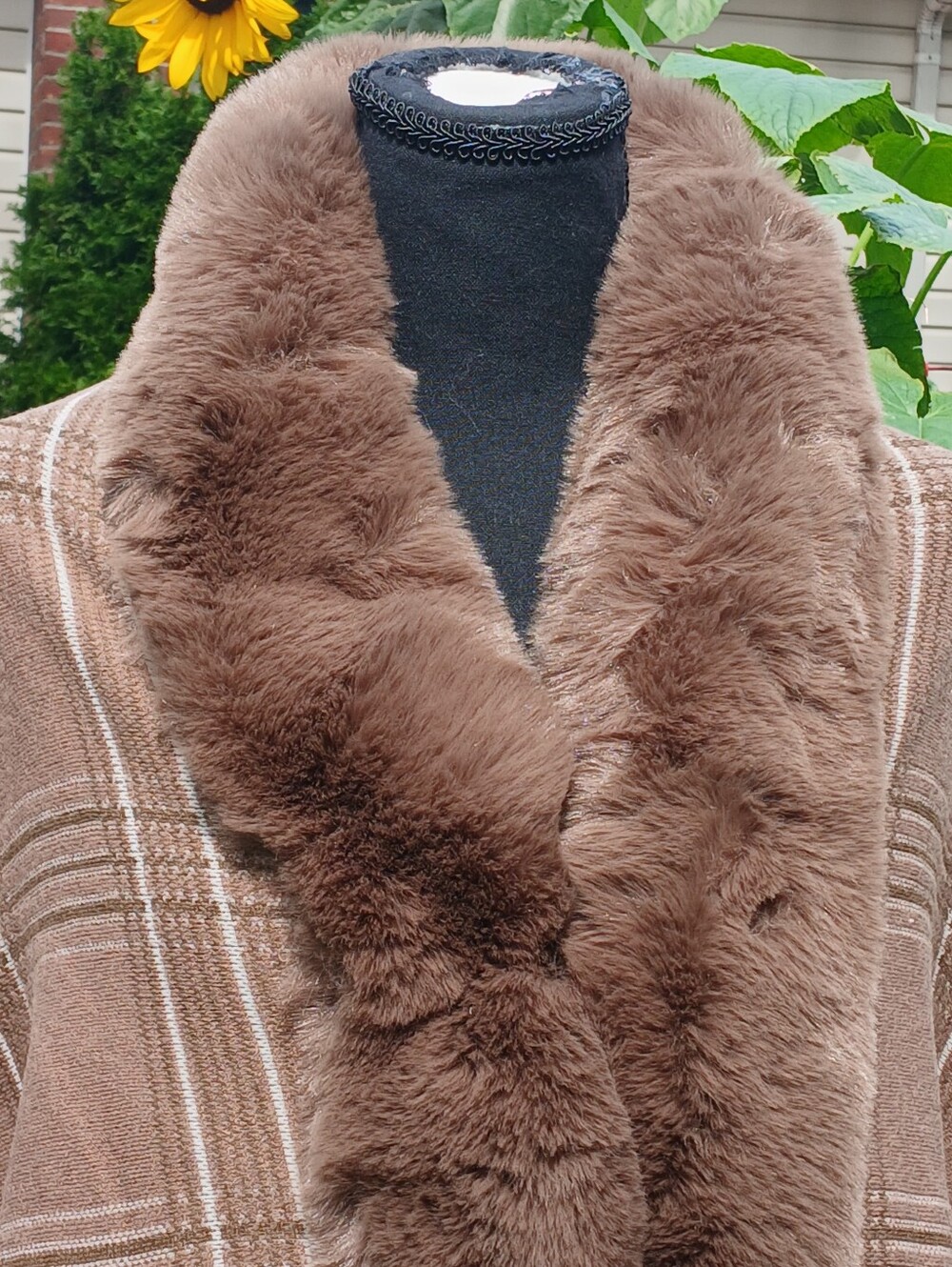 Magnificent Mocha Plaid Wrap Jacket With Faux Fur Accents - Picture 14 of 16